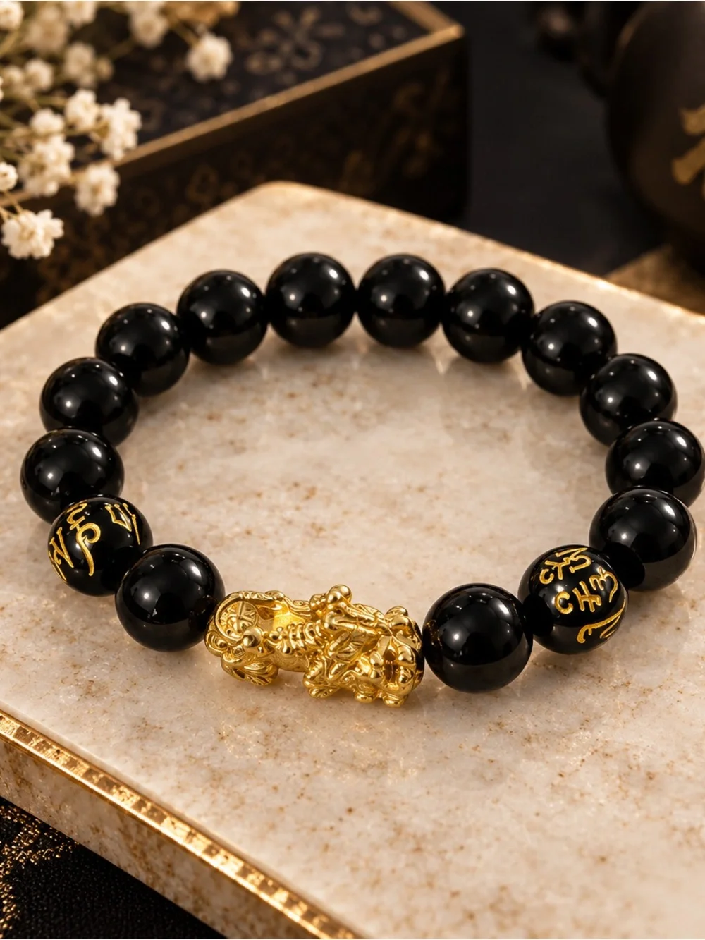 Black Onyx Bead Bracelet with Gold Pixiu Charm - Men's Accessory